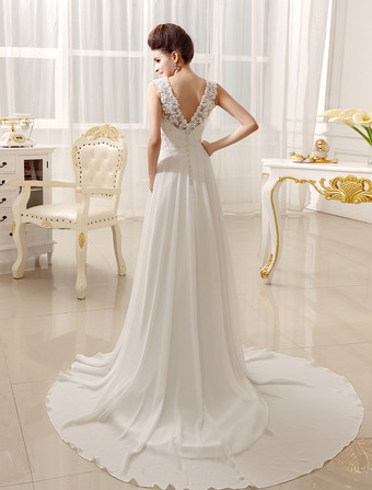 Strand Hochzeitskleider 2026 Chiffon Elfenbein Brautkleid Spitze Beading V-Ausschnitt Court Train Sommer Brautkleid