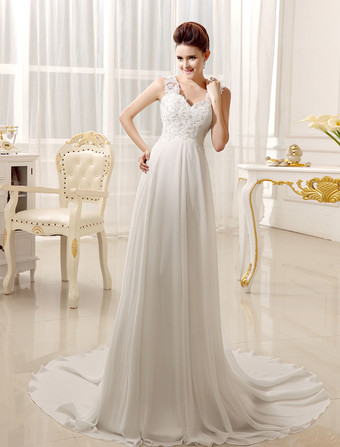 Strand Hochzeitskleider 2026 Chiffon Elfenbein Brautkleid Spitze Beading V-Ausschnitt Court Train Sommer Brautkleid
