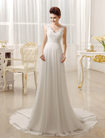 Strand Hochzeitskleider 2026 Chiffon Elfenbein Brautkleid Spitze Beading V-Ausschnitt Court Train Sommer Brautkleid