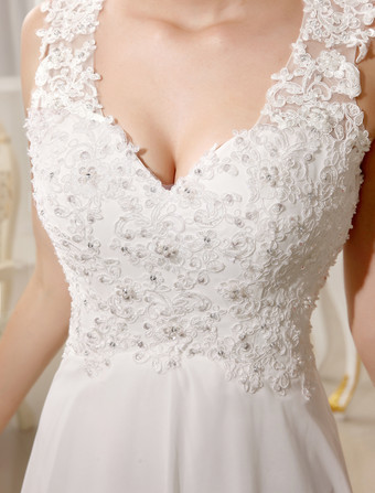 Strand Hochzeitskleider 2026 Chiffon Elfenbein Brautkleid Spitze Beading V-Ausschnitt Court Train Sommer Brautkleid