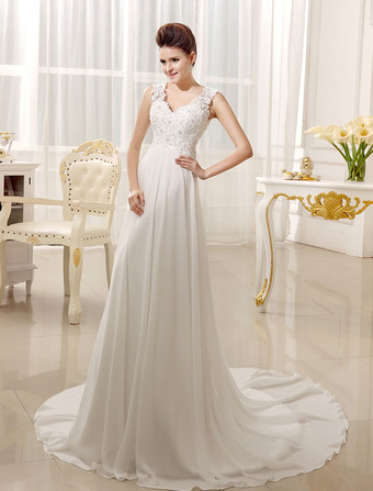 Strand Hochzeitskleider 2026 Chiffon Elfenbein Brautkleid Spitze Beading V-Ausschnitt Court Train Sommer Brautkleid
