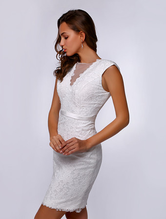 ミディアムドレス　ホワイト　シースライン　ショート／ミニ　ジュエルネック　ノースリーブ　 ウェディング ゲスト ドレス Milanoo