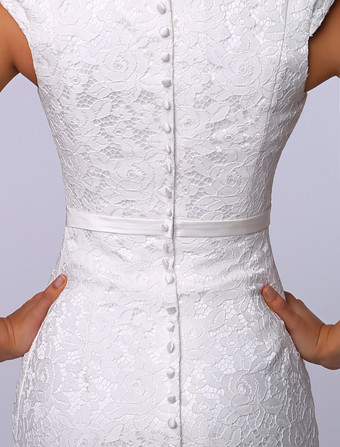 ミディアムドレス　ホワイト　シースライン　ショート／ミニ　ジュエルネック　ノースリーブ　 ウェディング ゲスト ドレス Milanoo