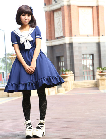 Azul chifón Lolita OP Vestido Asibuto Penta Cortas Mangas Sailor Estilo