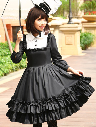 Lolitashow Gothic Black Loltia One-piece Dress Long Sleeves Layered Ruffles