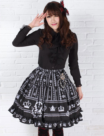 Lolitashow Élégant noir Polyester Lolita jupe Sweet imprimé Ruffles garniture