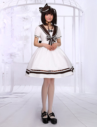 Sailor Style White Asibuto Penta Lolita One piece Dress Short Sleeves Striped Bow  
