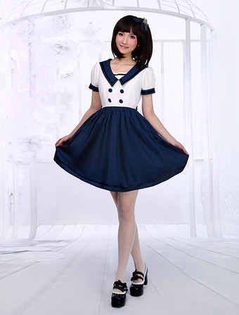 Lolitashow Vestido de Branco azul marinho Lolita uma peça vestido marinheiro estilo curto mangas. compridas