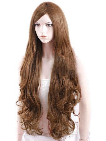 ロングウィッグ，ブラウン　ふんわりなウェーブ　フルウィッグ　女性用　耐熱ファイバー　コスチューム　コスプレ　ハロウィン　