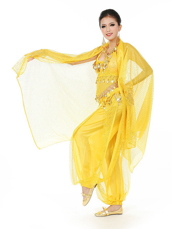 イエローベリーダンス衣装　コスチューム　シフォン アラビアン 衣装　女性用　レッド　ボリウッド　ダンスドレス　スカーフ付き　