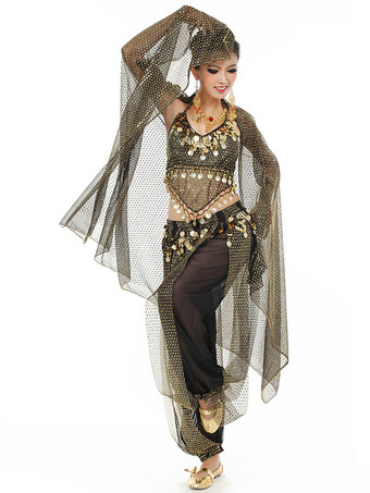 ブラック ベリーダンス衣装　コスチューム　シフォン アラビアン 衣装　女性用　レッド　ボリウッド　ダンスドレス　スカーフ付き　