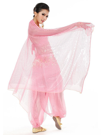 ピンク ベリーダンス衣装　コスチューム　シフォン アラビアン 衣装　女性用　レッド　ボリウッド　ダンスドレス　スカーフ付き　