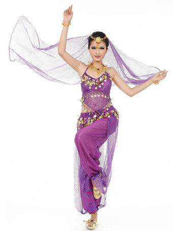 パープル ベリーダンス衣装　コスチューム　シフォン アラビアン 衣装　女性用　レッド　ボリウッド　ダンスドレス　スカーフ付き　