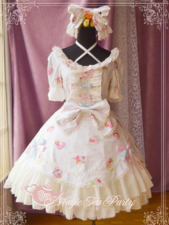 Lolitashow Cotton Chiffon Sweet Lolita OP Dress Short Sleeves Cake Print Lace Trim Bows
