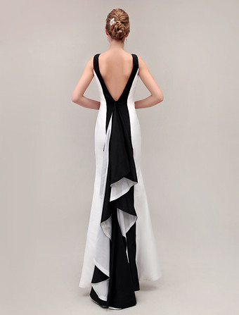 カラー ブロック パーティー ドレス V バック マーメイド フリル タフタ ドレス