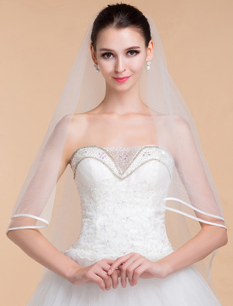 ウェディングベール　アイボリー　1層　チュール　リボンエッジ　ロングベール　ワルツの長さのベール　