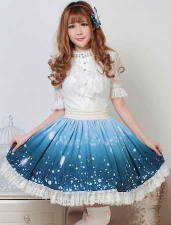 Lolitashow Jupe Lolita Paon bleu foncée douse magnifique en polyester impression avec dentelle
