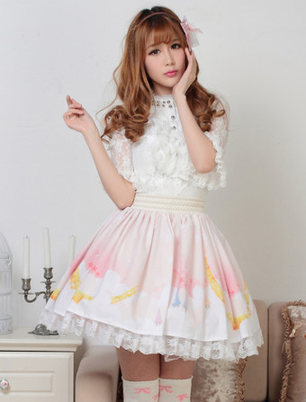 Lolitashow Dolce luce rosa bianco stampato Skirt Lolita con pizzo
