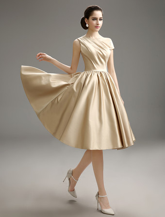 ブライズメイドドレス Aライン フォーマルドレス シャンパン ショートブライズメイドドレス サテン ボートネック 結婚式 お呼ばれ 二次会 ひざ丈 ナチュラルウェストライン 演奏会 ファスナー ウェディングパーティードレス ウェディング