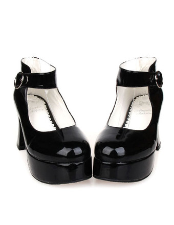 Lolitashow Sapatos de  Brilhante preto salto Chunky Lolita  plataforma tornozelo correia
