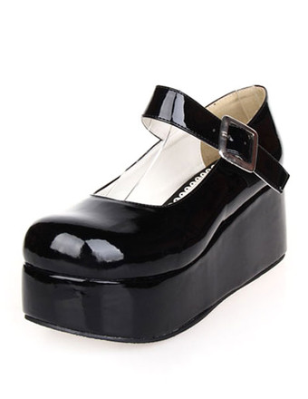 Lolitashow Sweet Lolita Platform Shoes Glossy Ankle Strap Buckle Round Toe