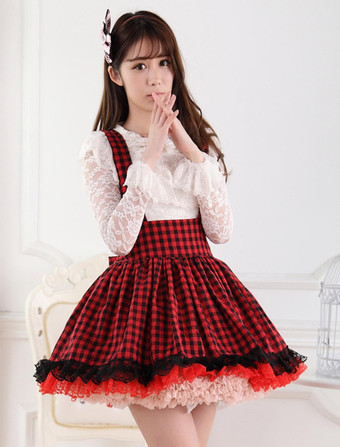 Lolitashow Red Black Gingham Lolita Skirt Salopette Lace Lining