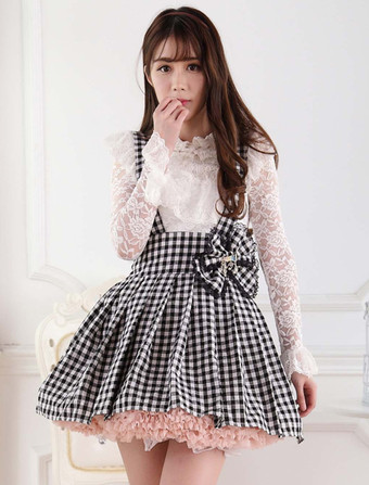 甘いロリータドレスSK　2024　リボンロリータサスペンダースカート　チェック柄　アイドル衣装