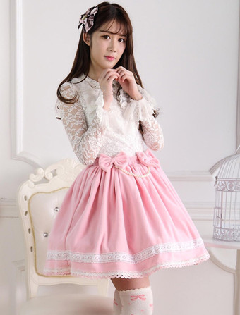 Sweet Pink Short Kawaii Lolita Skirt With White Trim Bow Pears Dress