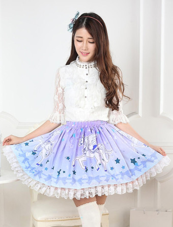 Lolitashow Blue Unicorn Print Lace Lolita Skirt 