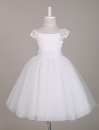 "Vestido de niña de las flores blancas con mangas de encaje vestido de tutú Bateau longitud de la rodilla corto Vestidos de fiesta para niñas