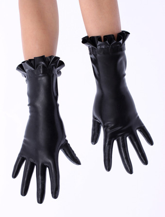 Black Ruffled Trim Latex Gloves Halloween