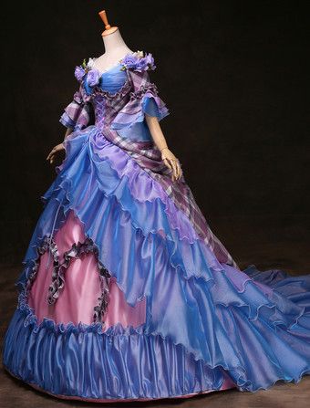 Victorian Dress Costume Women's Royal Purple Women's Rococo Ball Gown Plaid Tiered Flowers Ruffle Victorian Era Outfits Vintage Princess Costumes Halloween