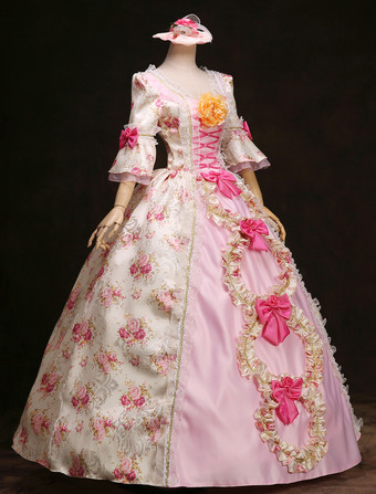 Carnevale Rococò palla abito volant rosa floreale archi Vintage Princess Costume Royal Retro Costume femminile Halloween