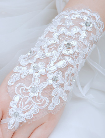 ウエディンググローブ　ブライダルグローブ　ホワイト　レース　レース　手首の長さ　ウエディング　フォーマルイブニング　フィンガーレス　