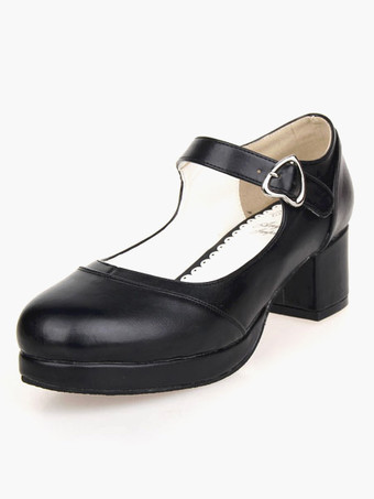ロリィタシューズ　スクエアヒール　チャンキーヒール　メリージェーン　ブラック　ハートバックル