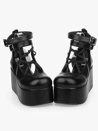 Lolitashow Sapatos de Lolita preto alta plataforma  tornozelo correias de couro do plutônio