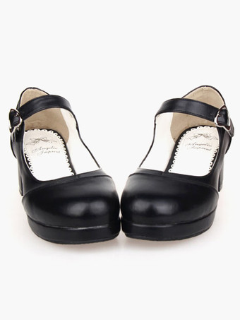 Matte Black Lolita Square Heels Shoes Mary Jane Shoes Heart Shape Buckle