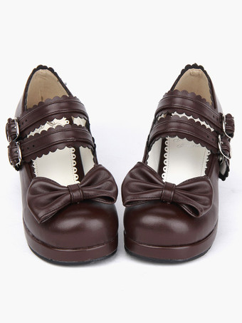 Sapatos de Lolita marrom café robusta saltos Praça adorne tornozelo cintas fivelas arco Decor
