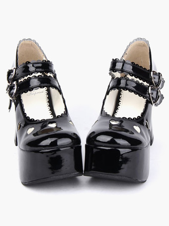 Sapatos de Lolita preto lustroso pônei saltos  plataforma  tornozelo cintas fivelas arco coração vazado