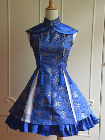 Classic Blue Qi Lolita Dress Sleevesless Lace Up Printed Satin