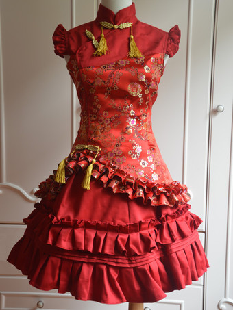 Klassisches rotes Satin Qi Lolita Kleid Ärmellose Pflaumenblüte Bedruckte Rüschen