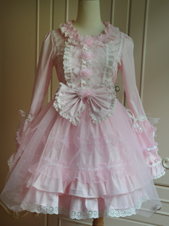 Lolitashow Sweet Pink Cotton Lolita One-piece Dress Long Sleeves Lace Surface Bows