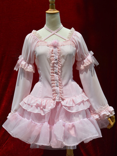 Lolitashow Sweet Pink Organza Long Sleeves Lolita Outfits 