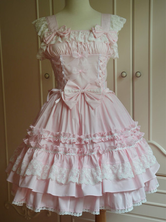 Lolitashow Sweet Light Pink Cotton Lolita Jumper Skirt Lace Trim Lace Up Ruffles