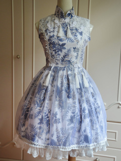 Lolitashow Sweet Blue Cotton Sleeveless Lace Lolita Dress 