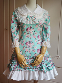 Lolitashow Sweet Green Lace 3/4 Length Sleeves Cotton Lolita Dress 