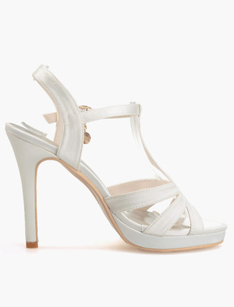 白の結婚式靴　サテン　オープントゥ　Tタイプ　バックルディテール　ブライダルシューズ　2025　ハイヒールサンダル