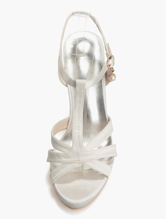 白の結婚式靴　サテン　オープントゥ　Tタイプ　バックルディテール　ブライダルシューズ　2025　ハイヒールサンダル