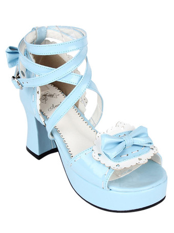 ロリィタサンダル　ライトスカイブルー　プラットフォーム　ラウンドトゥ（丸いつま先）　PU　中ヒール(5.08～7.62cm)　