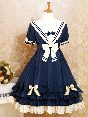 Lolitashow Vestido de Estilo de uma peça vestido curto mangas faculdade escola marinheiro estilo Lolita
